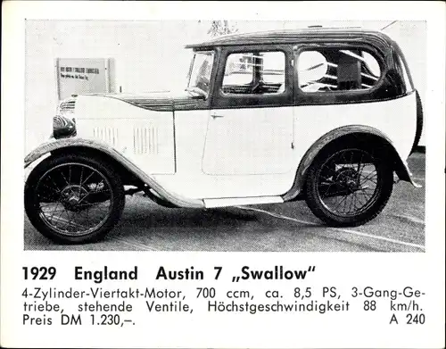 Sammelbild Das Kraftfahrzeug, England Austin 7 Swallow, Baujahr 1929