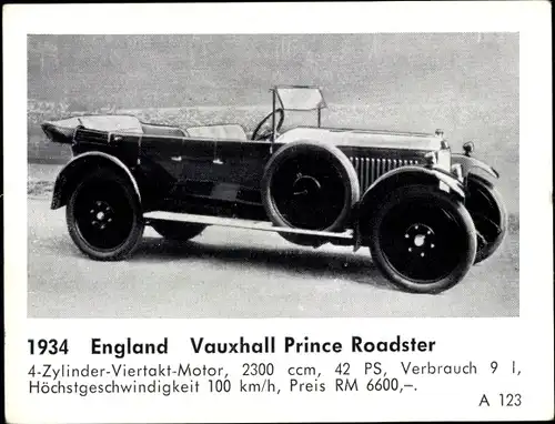 Sammelbild Das Kraftfahrzeug, England Vauxhall Prince Roadster, Baujahr 1934