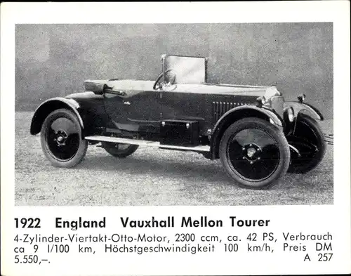 Sammelbild Das Kraftfahrzeug, England Vauxhall Mellon Tourer, Baujahr 1922