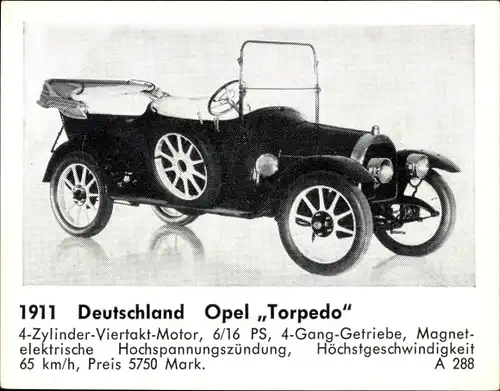 Sammelbild Das Kraftfahrzeug, Deutschland Opel Torpedo, Baujahr 1911