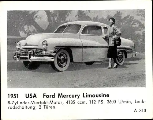 Sammelbild Das Kraftfahrzeug, USA Ford Mercury Limousine, Baujahr 1951