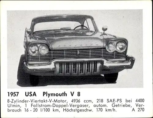 Sammelbild Das Kraftfahrzeug, USA Plymouth V8, Baujahr 1957