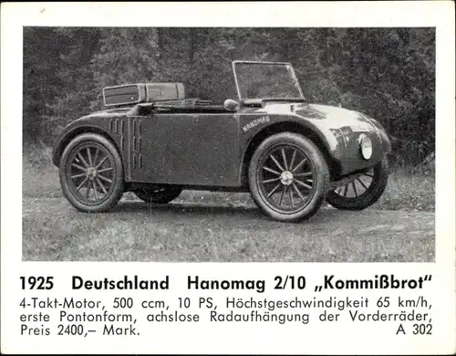 Sammelbild Das Kraftfahrzeug, Deutschland Hanomag 2/10 Kommißbrot, Baujahr 1925