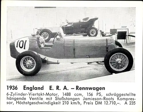 Sammelbild Das Kraftfahrzeug, England E.R.A. Rennwagen, Baujahr 1936