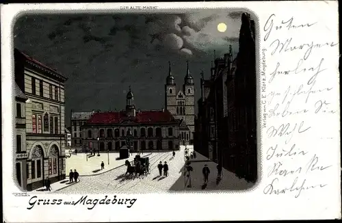 Mondschein Litho Magdeburg an der Elbe, Der alte Markt