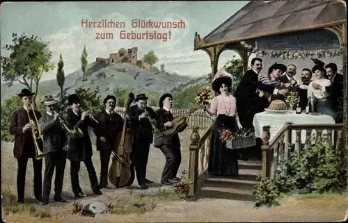 Ak Glückwunsch Geburtstag, Musikanten und Gratulanten