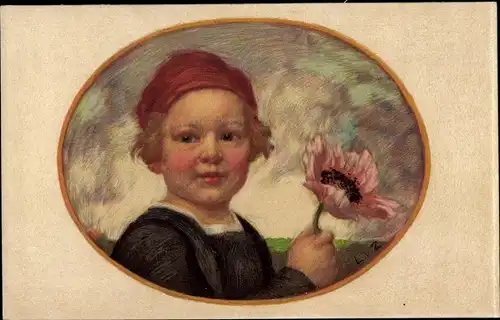 Künstler Ak Zumbusch, Ludwig von, Bayerischer Blumentag 1913, Junge mit Mohnblüte
