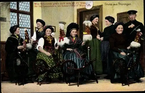 Ak Gruß aus Thüringen, Frauen an Spinnrädern, Traditionelle Trachten