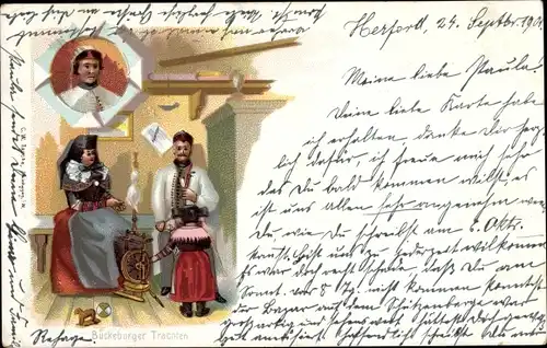 Litho Bückeburger Trachten, Spinnrad