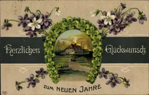 Präge Ak Glückwunsch Neujahr, Hufeisen, Kleeblätter, Veilchen, Haus