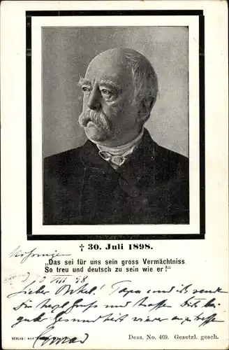 Ak Fürst Otto von Bismarck, Portrait, Trauerkarte