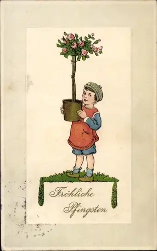 Ak Glückwunsch Pfingsten, Junge mit Rosenstock