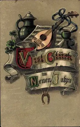Präge Litho Glückwunsch Neujahr, Laute, Hufeisen, Kleeblätter