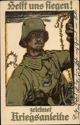 Künstler Ak Erler, Helft uns siegen, zeichnet Kriegsanleihe, Soldat in Stahlhelm mit Gasmaske, I. WK