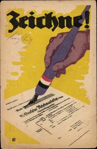 Ak Zeichne, 5. Deutsche Reichsanleihe, Hand mit Füller