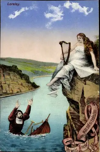 Künstler Ak Loreleyfelsen, Sinkender Mann, Rhein, Ich weiß nicht was soll es..