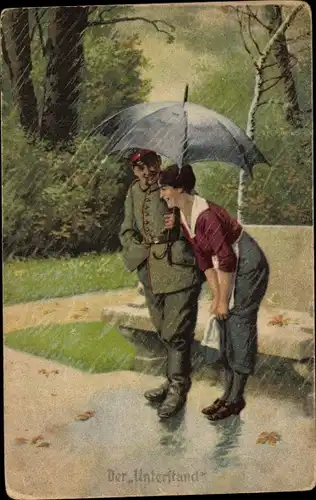 Künstler Ak Der Unterstand, Soldat hält Frau den Regenschirm, Immer Fachmann, I. WK