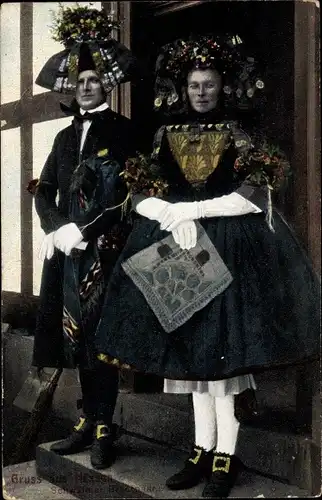Ak Hessische Volkstrachten, Schwälmer Brautpaar, Hochzeitspaar