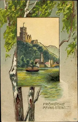 Präge Litho Glückwunsch Pfingsten, Birke, Gewässer, Burg