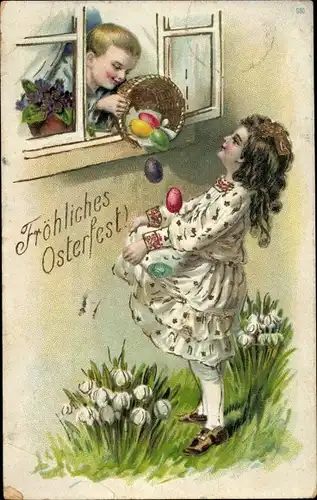 Präge Litho Glückwunsch Ostern, Junge kippt Ostereier in Kleid von Mädchen