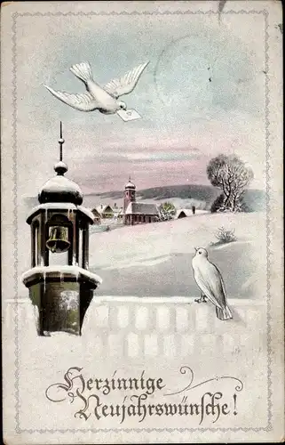 Ak Glückwunsch Neujahr, Glocke, Winterlandschaft, Tauben