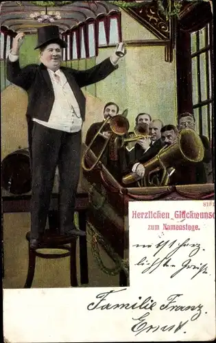 Ak Glückwunsch Namenstag, Männer mit Musikinstrumenten