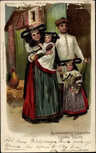 Litho Familie in Landestrachten aus Schaumburg Lippe