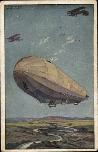 Künstler Ak Schulze, Hans Rudolf, Zeppelin Luftschiff Hansa im Kampf mit feindl. Fliegern, I WK