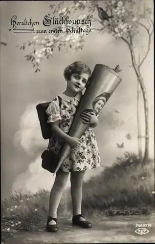 Ak Glückwunsch Einschulung, Mädchen mit Zuckertüte