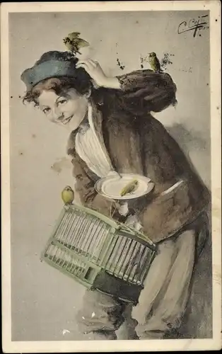 Ak Junge mit Vogelkäfig und Vögeln