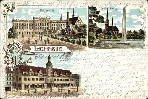 Litho Leipzig in Sachsen, Universität, Luther-Kirche, Rathaus