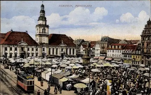 Ak Mannheim in Baden, Marktplatz, Verkaufsstände, Passanten, Straßenbahn