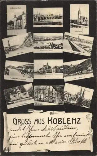 Ak Koblenz am Rhein, Brücken, Kirchen, Denkmäler