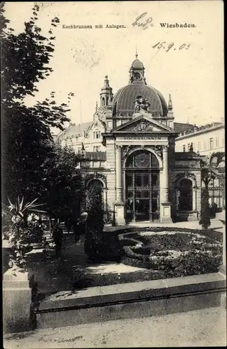 Ak Wiesbaden in Hessen, Kochbrunnen mit Anlagen