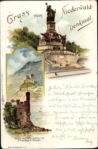 Litho Rüdesheim am Rhein in Hessen, Niederwalddenkmal, Mäuseturm