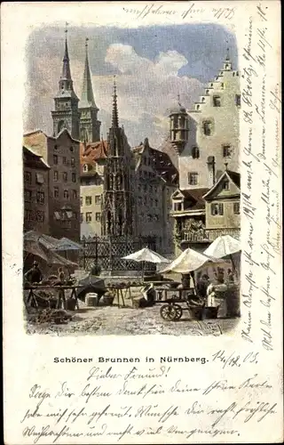Künstler Ak Nürnberg in Mittelfranken Bayern, Schöner Brunnen, Markt
