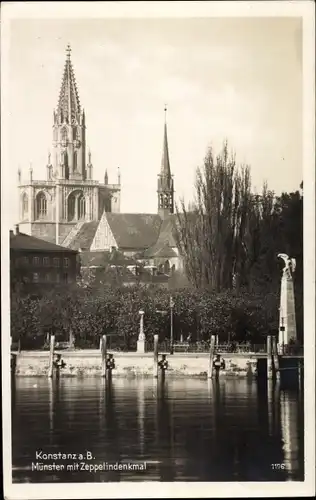 Ak Konstanz am Bodensee, Münster mit Zeppelindenkmal