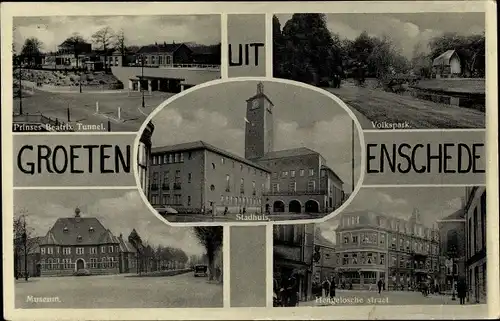 Ak Enschede Overijssel Niederlande, Museum, Stadthuis, Prinses Beatrix Tunnel, Vokspark