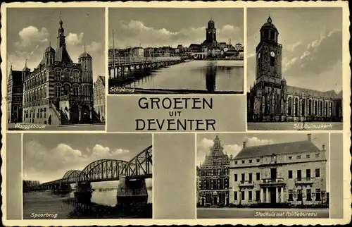 Ak Deventer Overijssel Niederlande, Waaggebouw, Schipbrug, Spoorbrug, Stadhuis, Politiebureau, Kerk