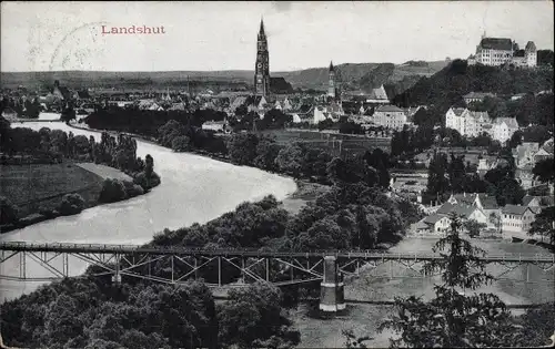 Ak Landshut in Niederbayern, Panorama, Brücke