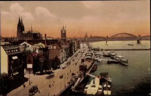 Ak Köln am Rhein, Rheinufer, Brücke, Dom, Schiffe