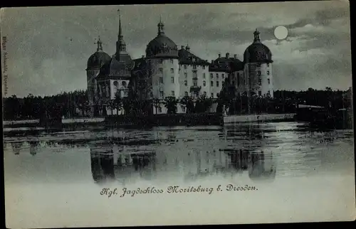 Mondschein Ak Moritzburg in Sachsen, Jagdschloss