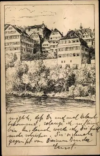 Künstler Ak Tübingen am Neckar, Neckarpartie