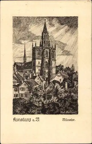 Künstler Ak Müllers, Rudi, Konstanz am Bodensee, Münster, Original-Federzeichnung