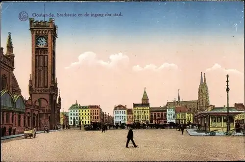 Ak Ostende Westflandern, Stadstatie en de ingang der stad