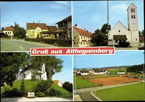 Ak Althegnenberg in Oberbayern, Ortsansichten, Kirche, Sportplatz, Straßenpartie