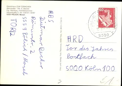 Ak Pölich an der Mosel, Gästehaus zum Türmchen, Außenansicht, Speisesaal, Panorama