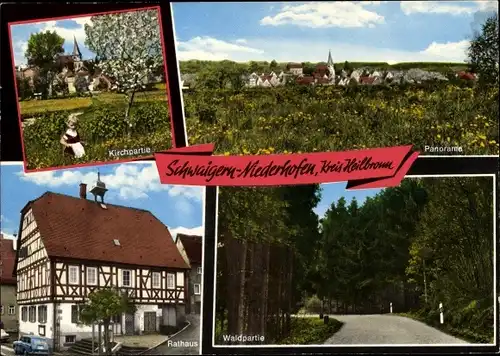 Ak Niederhofen Schwaigern in Württemberg, Kirchpartie, Waldpartie, Rathaus, Panorama