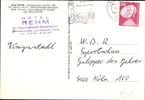 Ak Eberstadt Darmstadt in Hessen, Hotel Rehm, Heidelberger Landstr. 306
