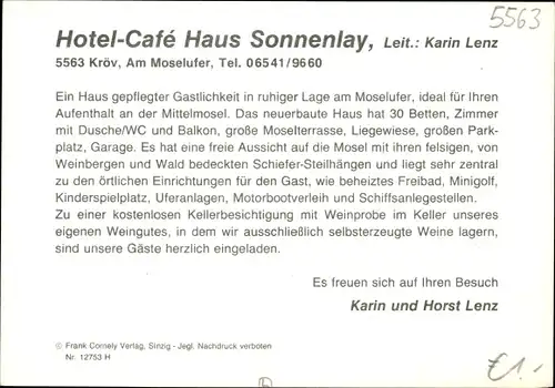 Ak Kröv an der Mosel, Hotel-Café Haus Sonnenlay, Außenansicht, BMW